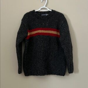 Laundomat Charcoal Crewneck Sweater Red & Gold Chest Stripe 100% Wool Handknit